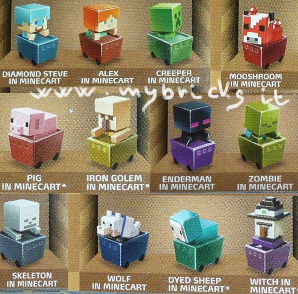 Lego size – Mattel – Minecraft collectible series 7 Minecart Steve - code A Alex - code B Creeper - code C Mooshroom - code I Pig - code F Iron Golem - code J Enderman - code D Zombie - code E Skeleton - code K Wolf - code G Sheep - code L Witch - code H